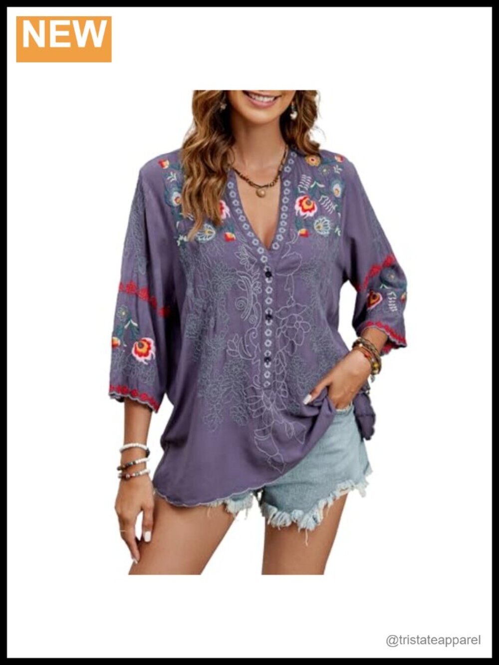 Embroidered Boho Peasant Blouse 3/4 Sleeve V Neck Tunic Cotton